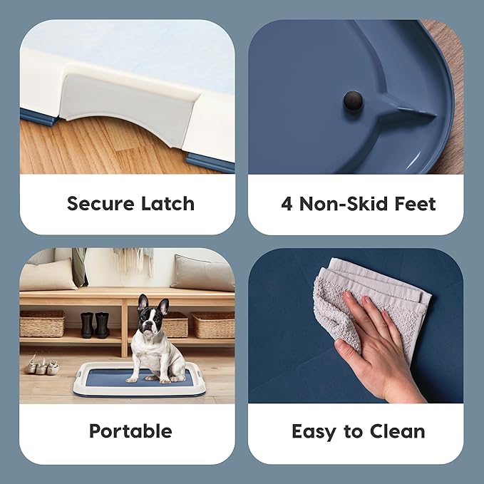 IRIS USA Pee Pad Holder - For Small Sized Dog and Puppy Pee Pads, Secured Latches, Non-Skid Feet, High Polish Finish for Easy Cleaning, Leak Protection, Fits 17"x23" Pad, Navy
