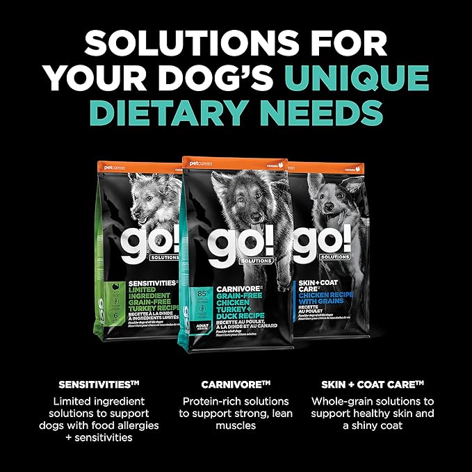 Go! Solutions Carnivore, Grain-Free, Protein Rich Dry Dog Food, Chicken, Turkey and Duck Adult Recipe, 12 lb Bag