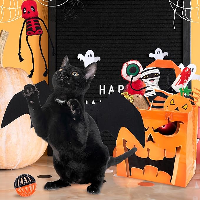 12pcs Halloween Cat Toys w/Bat Wings Costume & Organized Bag Set, Various Plush Cat Catnip Toys for Indoor Cats Kitten Teething Chewing Halloween Play