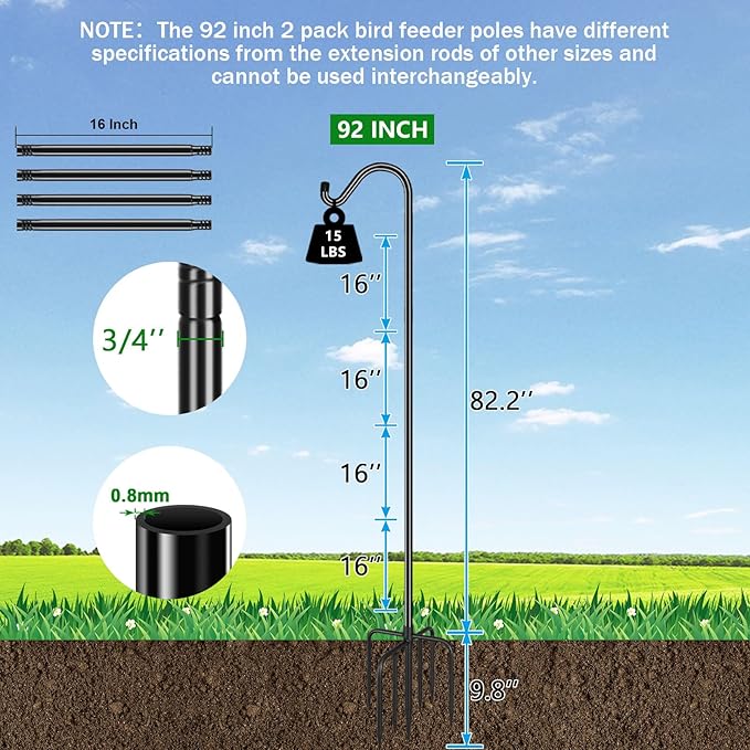 FEED GARDEN Shepards Hooks for Outdoor Bird Feeder Pole 92 Inch Adjustable Tall Heavy Duty Shepherds Hooks for Hanging Plant Baskets, Solar Lights, Wedding Decor, Lanterns, Black (2 Pack)