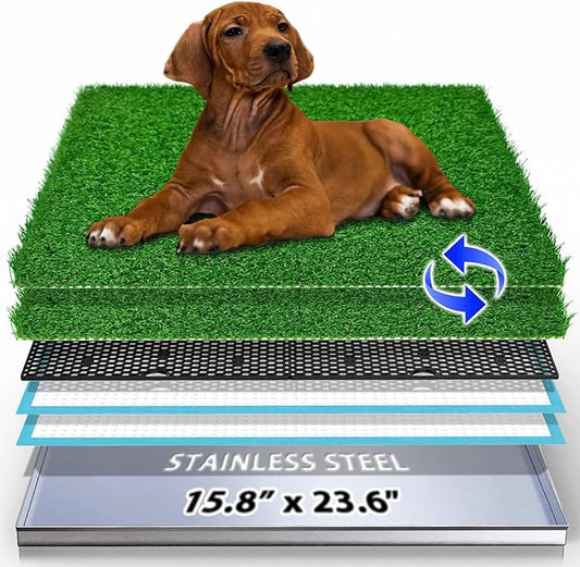 Dog Grass Pad with Tray, Stainless Steel Odor-Resistand Indoor Outdoor Potty System, Durable Alternative to Plastic with Artificial Grass for Dogs Potty Training (Potty System Size -23.6"x 15.8")