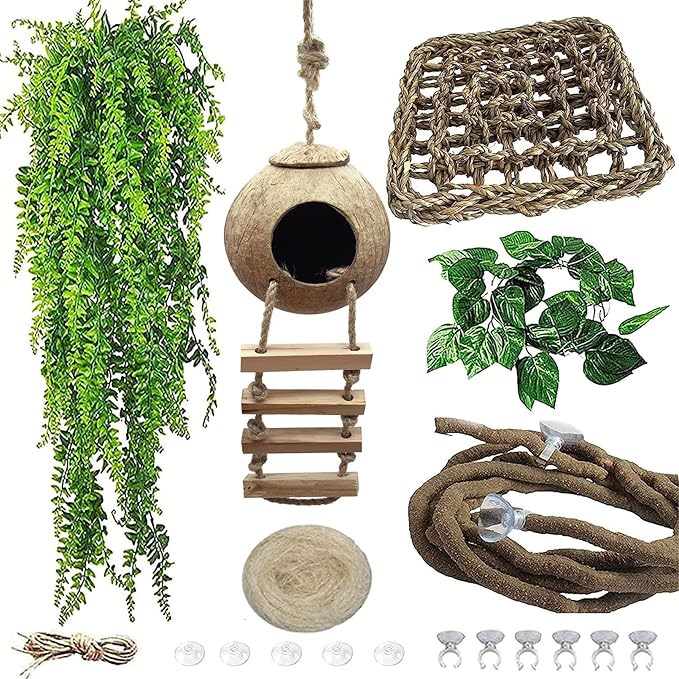 Crested Gecko Tank Accessories,Gecko Coconut Hut Hideout with Ladder Reptile Hammock Lizards Hanging Plants Flexible Climbing Jungle Vine Leaves Terrarium Decor