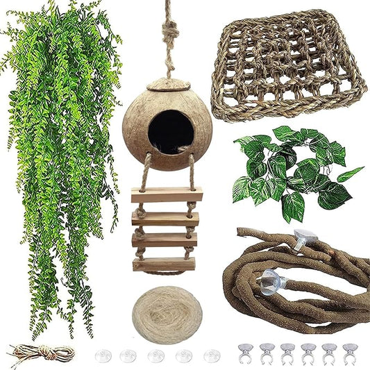 Crested Gecko Tank Accessories,Gecko Coconut Hut Hideout with Ladder Reptile Hammock Lizards Hanging Plants Flexible Climbing Jungle Vine Leaves Terrarium Decor