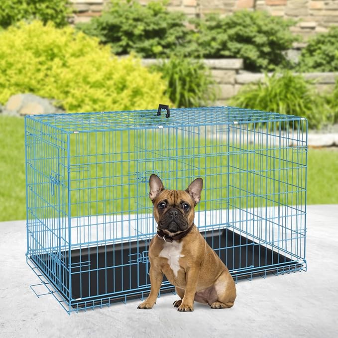 BestPet | Dog Crate | 30" | Blue | Foldable Metal Kennel with Double Doors, Secure Slide-Bolt Latches, Leakproof Tray | Portable Dog Cage for Small Breeds | for Travel, Indoor & Outdoor Use