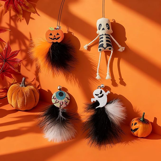 Walfront 4PCS Halloween Cat Toys, Wand Teaser Toys with Bells, Pumpkin, Ghost, Eyeball and Skull, Kitten Interactive Toys, Plush Kitten Plaything Gift Set