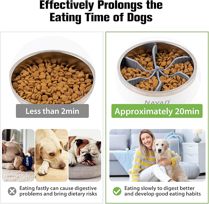 Raised Dog Bowl Stand with Slow Feeder Thick Stainless Steel Food Bowls for Large or Medium Sized Dogs Non-Slip Tilted Dog Feeder Station, Neck and Nose Protective Pet Bowl, 4 Cups (32 oz), White