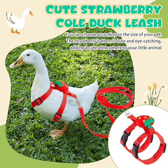 Duck Harness Leash Set Duck Harness and Leash for Real Ducks Adjustable Walking Rope Pet Cute Pattern Outdoor Traction Rope for Chicken Rabbit Small Animals(M,Strawberry)
