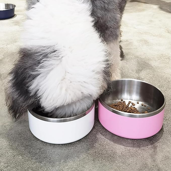 LIHONG Stainless Steel Dog Bowls for Large Dogs,Dog Food Water Bowls with Non Slip Rubber Bottom,Pet Feeding Bowl,Double Wall Insulated,Rustproof(64oz,Pink)
