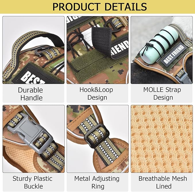 PET MARVEL Tactical Dog Harness for Small Size, No Pull Military Dog Vest with Easy Control Handle, Molle Hoop & Loop, Adjustable Reflective Reinforced Stich for Walking Training, Camouflage