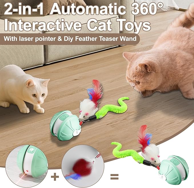 Interactive Cat Toy Ball - 2-in-1 Indoor Cat Toy with Feather Attachment and Laser Interactive Cats Balls, Moving Electric Rolling Ball Toys Designed for Bored Kittens and Adult Cats