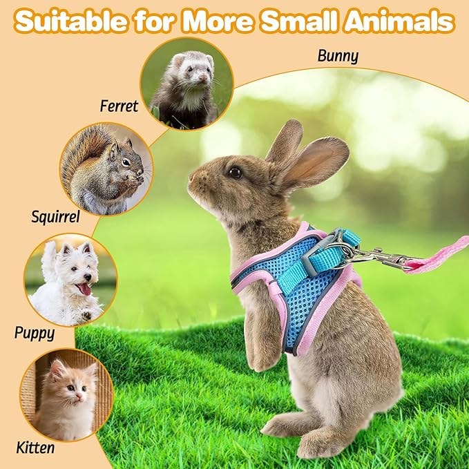 PINVNBY 2 Pack Bunny Hsrness and Leash Set Adjustable Rabbit Harness with Reflective Strips Double Buckle Pet Vest Eescape Proof for Small Rabbit Kitten Puppy Walks Accessories (Pink Blue, S)