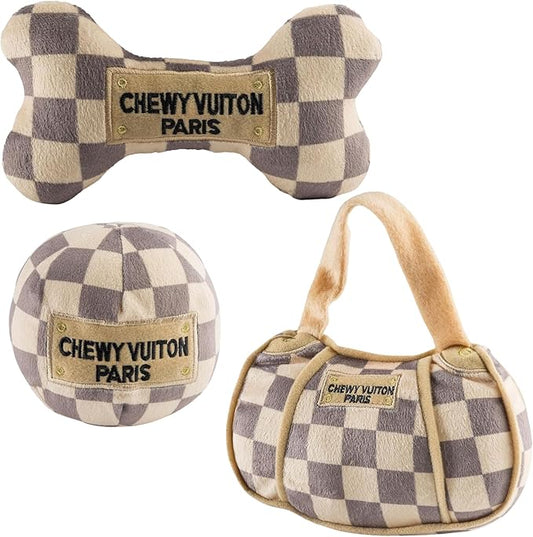 Haute Diggity Dog Medium Checker Chewy Vuiton Plush Dog Toys for Small, Medium & Large Dogs, 3-Pack Durable Stuffed Designer-Inspired Pet Toys with Interactive Squeaker, Machine-Washable & Safe