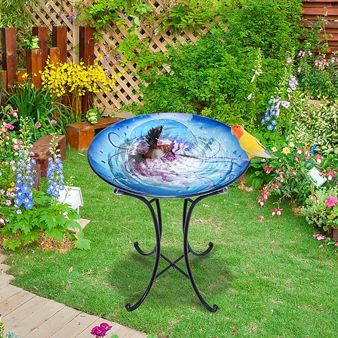 MUMTOP Bird Baths for Outdoors, Jellyfish Glass Large Bird Bath Bowl with Metal Stand, Bird Feeders for Outside and Garden, Patio,Lawn Decor (Blue)