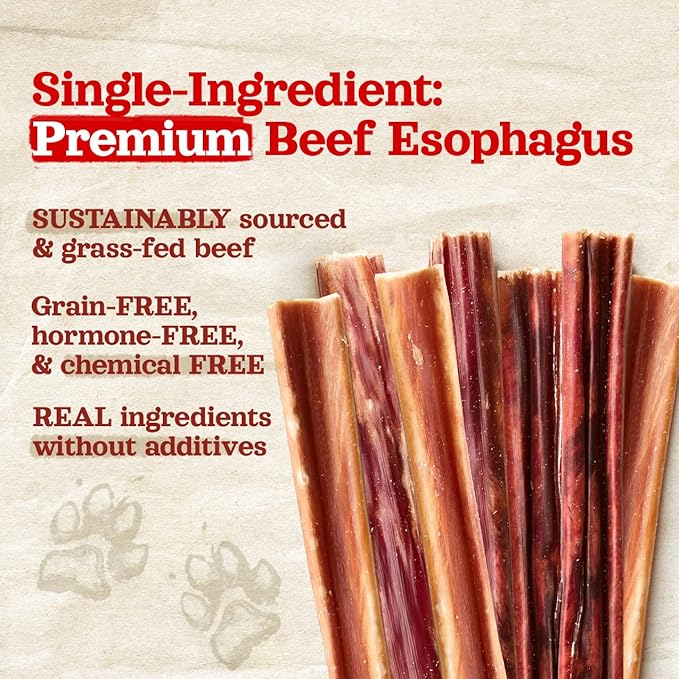 Natural Farm Gullet Jerky Sticks (10”, 12-Pack), Fully Digestible Beef Esophagus, Grain-Free, Odor-Free - Best for Light, Pups & Senior Chewers