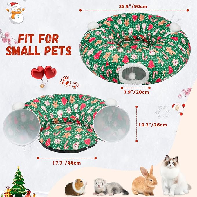 Cat Tunnel Christmas Tree Skirt Cat Tunnel Bed for Indoor Cats Play Donut Tunnel Toys S Shape for Rabbit Ferret (Green)