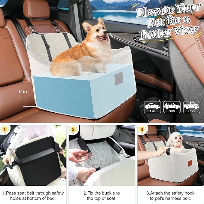 Dog Car Seat for Dogs up to 35lbs, Small Medium Dog Booster Seat with Adjustable Straps and Anti Slip Bottom,Fully Detachable Washable Pet Car Seat with 2 Storage Pockets (Beige, Medium)