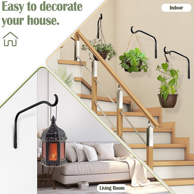 Durable Plant Hangers Brackets: 2 Pack 8 Inch Outdoor Metal Hanging Plant Brackets - Rustproof Wall Hooks for Hanging Flower Basket Bird Feeders Wind Chimes and Lanterns