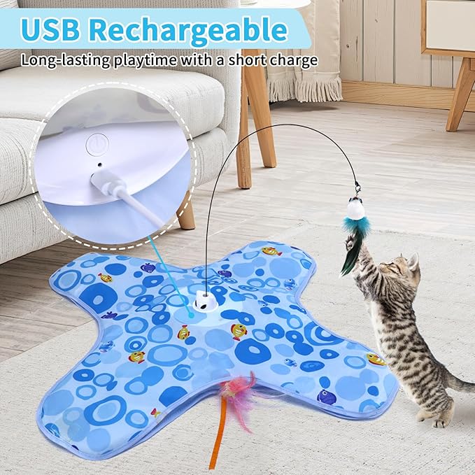 DFQ Cat Toys,3 in 1 USB Rechargeable Automatic Kitten Toy,Flying Bird Kitten Wand,Hide and Seek Exercise Kicker for All Breeds Indoor Adult Cats(Blue Fish with Pole)