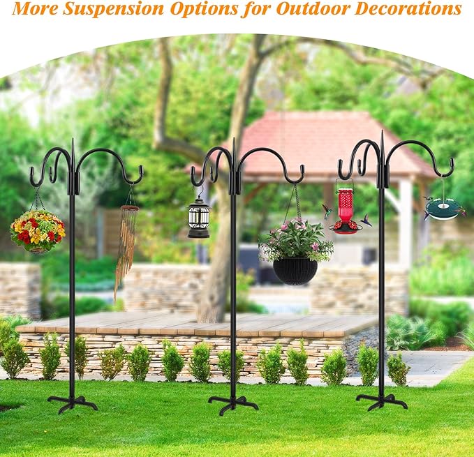 FEED GARDEN [Upgrade Version 92 Inch Three Shepherd Hooks for Outdoor,Bird Feeder Pole with 5 Prong Base, Adjustable Shepard Hooks for Hanging Plant, Solar Lanterns, Wind Chimes, 2 Pack