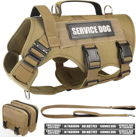 WINSEE Tactical Dog Harness with Dog Leash, Service Working MOLLE Vest with 10 Pet Patches for Large Dog, No Pull Military Harness and Backpack for Training Hunting Walking