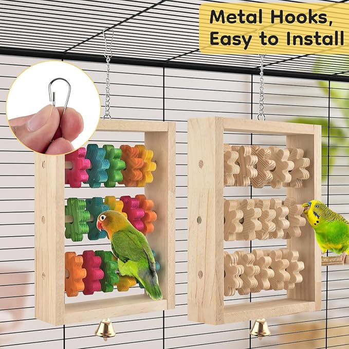 2Pcs Bird Toys, Hanging Parrot Chew Toy, Natural Wooden Chewing Puzzle Training Blocks Intellectual Development for Budgie, Conure, Lovebird, Cockatoo, African Grey, Amazon Parrots, Macaw