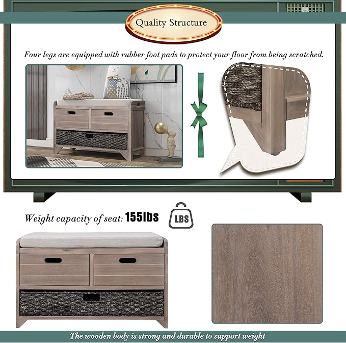 Storage Bench Removable Basket 2 Drawers Fully Assembled Acacia Wood Shoe Bench Standing Shoe Rack Removable Cushion for Living Room, Entrance Hallway, No Assembly Required White Washed