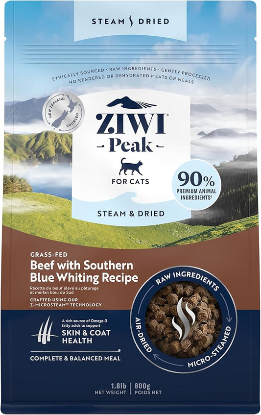 ZIWI Peak Steam & Dried Cat Food – Beef w/Southern Blue Whiting Fish - High Protein, Skin & Coat Health, Low Carb, for All Life Stages (28.8oz)