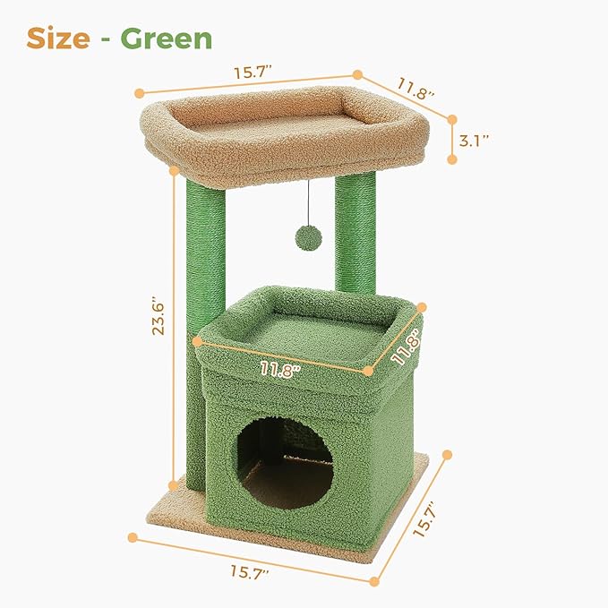 PEQULTI Cat Tree Cactus Cat Tower for Indoor Cats with Private Cozy Cat Condo, Natural Sisal Scratching Posts and Plush Pom-pom for Small Cats Green