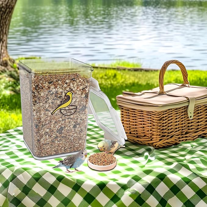 Bird Seed Storage Container-Airtight Bird Food Container-8.4lb/5 l Pet Food Storage Containers with Birds Seed Scoop-Wild Birds Dispenser-forPet Parakeets Finches Food Mealworms/Clear