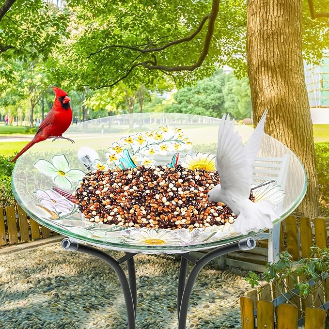 MUMTOP Bird Bath-Bird Baths for Outdoors - Hummingbird Glass Large Bird Bath Bowl with Metal Stand, Bird Feeders for Outside and Garden, Patio,Lawn Decor