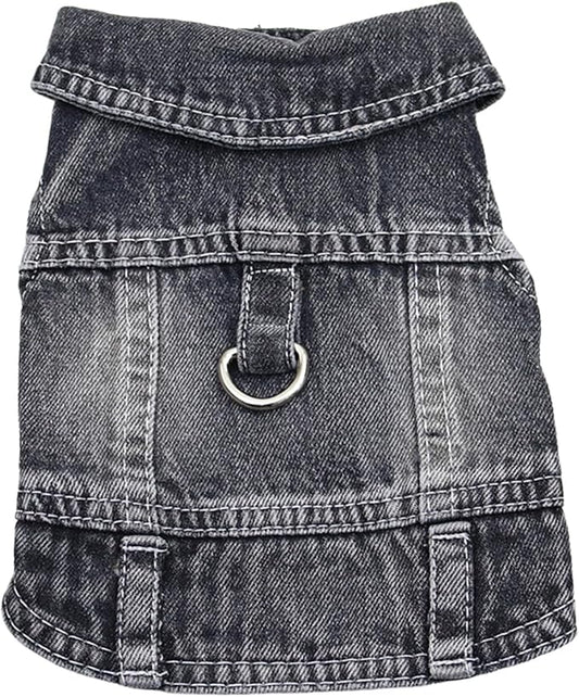 Puppy Clothes for Small Dogs Boy,Classic Western Denim Dog Coat,Dog Jeans Jacket with Leash D-Ring,Pet Cat Costumes,Cooling Harness Vest for Walking (Black, Medium)