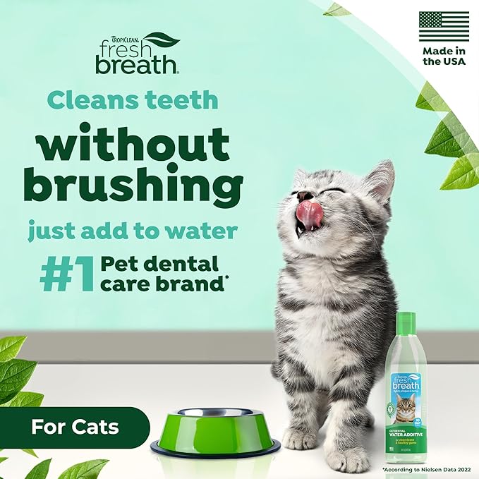 TropiClean Fresh Breath Water Additive for Cats, Cat Teeth Cleaning and Breath Freshener Solution, Complete No Brushing Dental Care, 16 oz.
