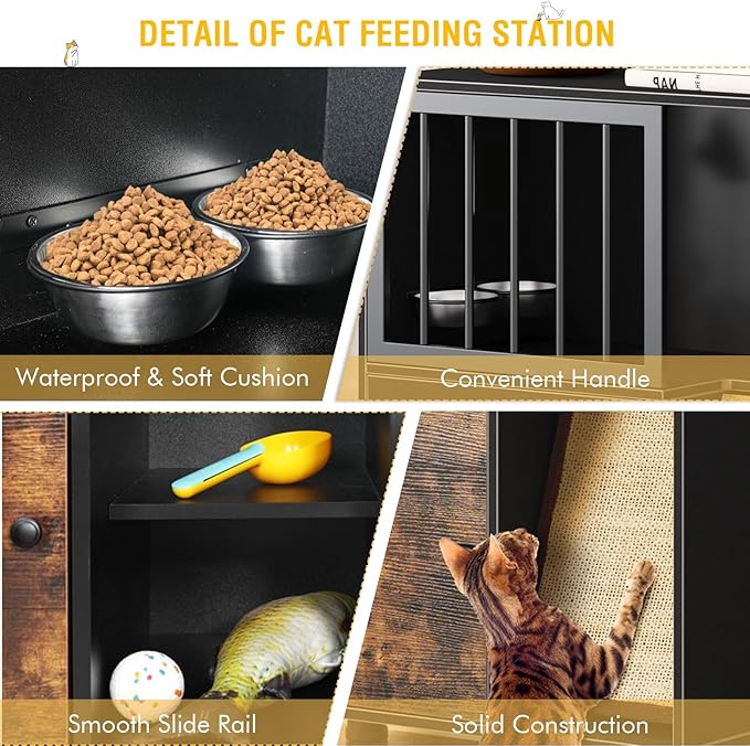 Dog Proof Cat Feeding Station, Cat Feeding Station with Scratching Board, Raised Bowls for Indoor Cats, Elevated Food Bowls with Stand, Vintage Black Furniture