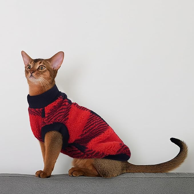 PUMYPOREITY Winter Warm Cat Sweater - Super Soft & Elastic Knit with Plush Fleece, Easy-On Design with Ribbed Neck & Cuffs, Stretchy Cat Outfit for Indoor/Outdoor Use,Red, S