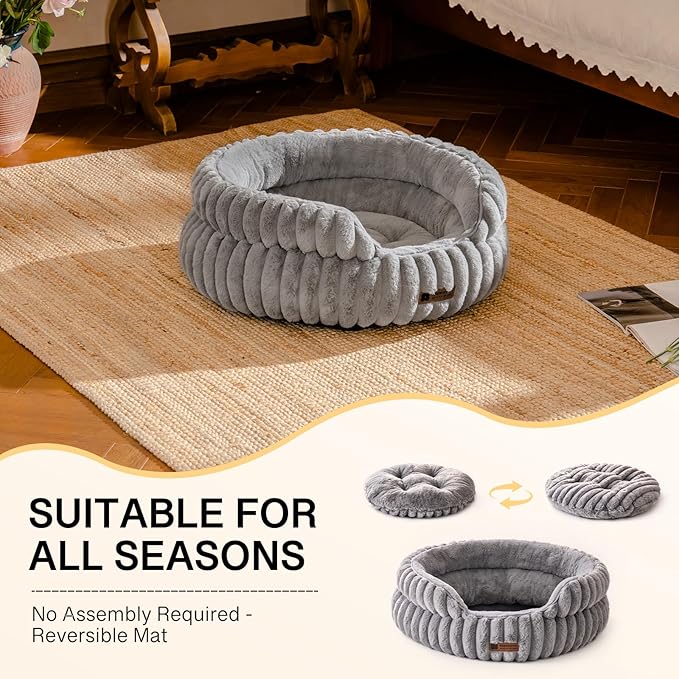 MEWOOFUN Cat Beds for Indoor Cats, Washable Dog Bed for Small Dogs, Round Pet Bed for Puppy and Kitten with Anti-Slip Bottom (Grey, 20"x20"x8")