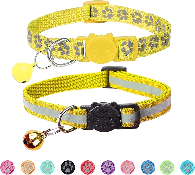 BANMODER 2 Pack Reflective Cat Collar Breakaway with Bell,Personalized Kitten Collars,Adjustable Safety Buckle Collar for Male Cats Girls & Boys (Yellow)