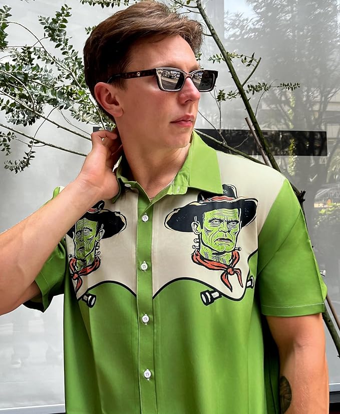 Men’s Hawaiian Shirt Western Cowboy Symmetrical Print Short Sleeve Button Down Casual Beach Holiday Summer Shirt