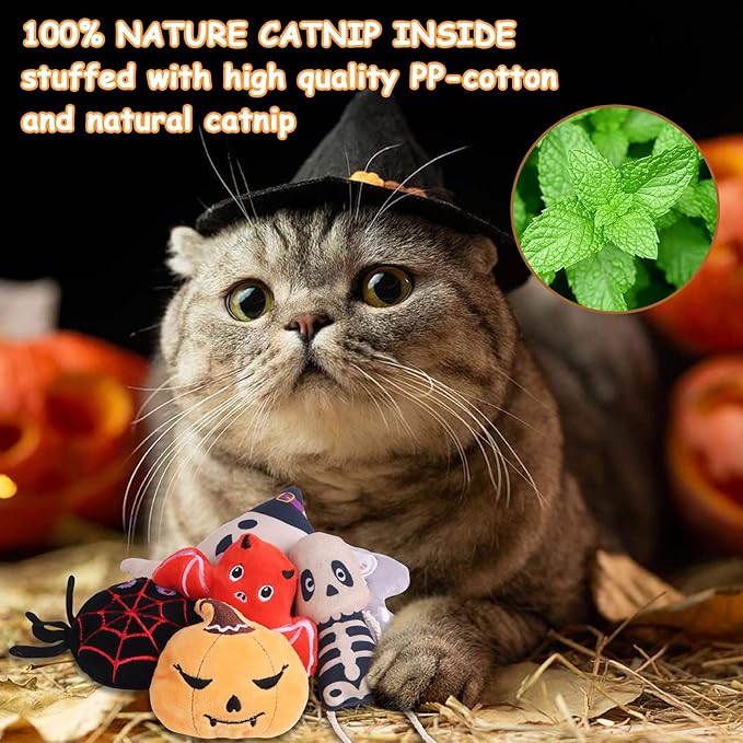 FOIMAS Halloween Catnip Toys,Pumpkin Ghost Catnip Toy Chew Bite Plush Toy for Cat Interactive, Pack of 6