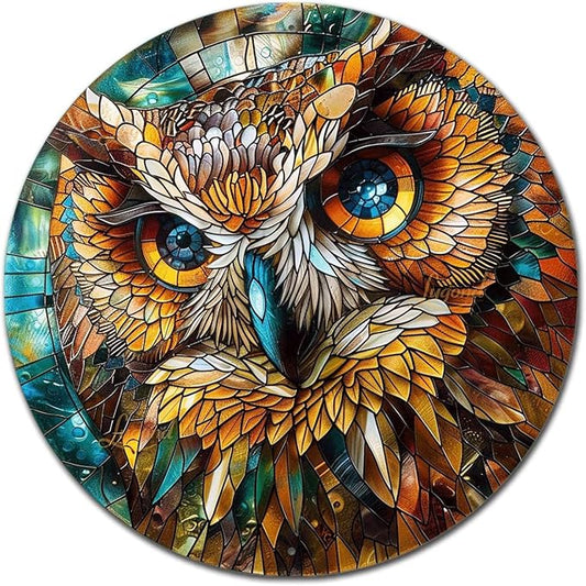 Lygond Metal Sign Tin Sign Circular Stained Glass Owl Metal Garden Sign for Club 12×12 Inches