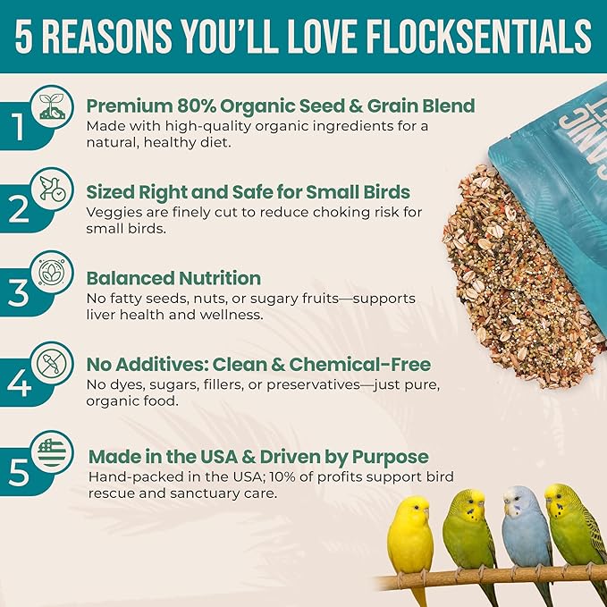 80% Organic Parakeet Food - No Fillers, Fatty Seeds, or Dyes - Budgies, Lovebirds & Parrotlets - Premium Human Grade Seed Mix, Grain & Wholesome Veggies – Made in USA (2 lbs)