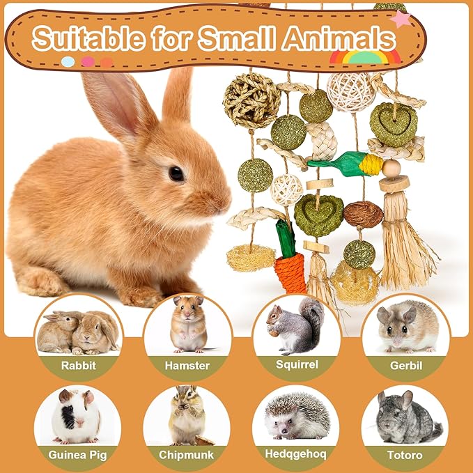 VESPRO Bunny Chew Toys, Rabbit Cage Hanging Chewing Toy and Treats Snack Ring, for Rabbits Chinchilla Guinea Pig Hamsters Grinding Teeth with Other Small Pets, Natural Materials Handwoven (5 Strings)