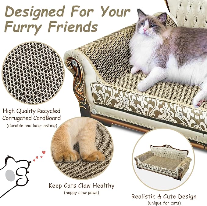Luxury Cardboard Cat Scratcher Sofa Bed, Couch Shaped Scratching Board, Scratch Lounge with Catnip, Scratcher for Indoor Cats Large Grey
