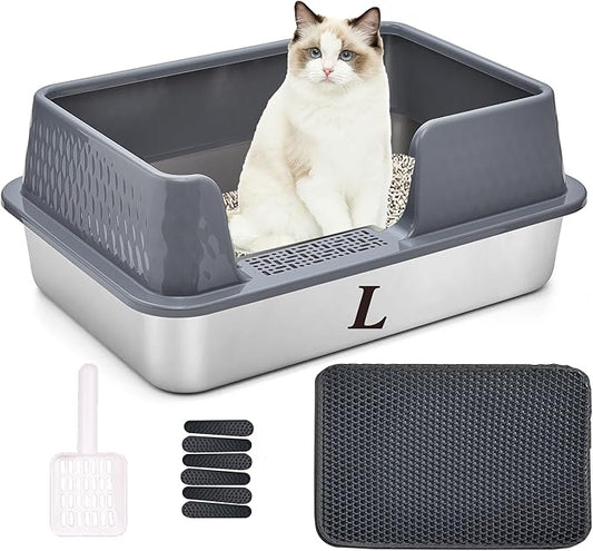Suhaco Stainless Steel Litter Box Side Entry, Kitty Black Litter Mat and White Scoop Included Covered Metal High Sided Large Cat Litter Box with Lid Removable Enclosure for Medium Cats (Grey)