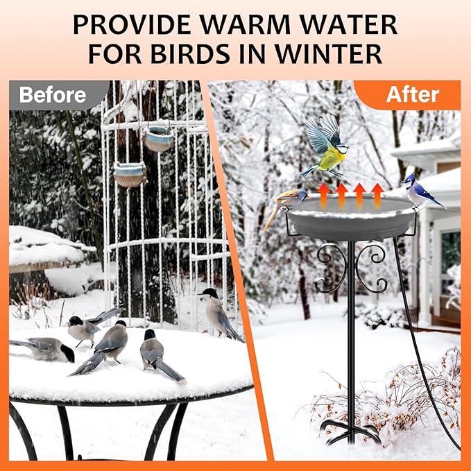 Daoeny Heated Bird Bath for Winter, 100W Heated Bird Baths for Outdoors Thermostat Control with 5-Prong Metal Base, Heated Bird Bath for Outside Winter Garden Patio Yard Lawn (Grey)