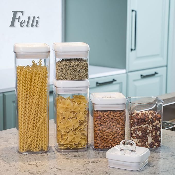 Felli Flip Tite Storage Container with Lid 4" Airtight Ring Seal Top, Stackable Acrylic Canister Jar Set for Kitchen Pantry Organizer, Food Spice Pasta Snack, Christmas Gifts for Her (5pk, Variety)