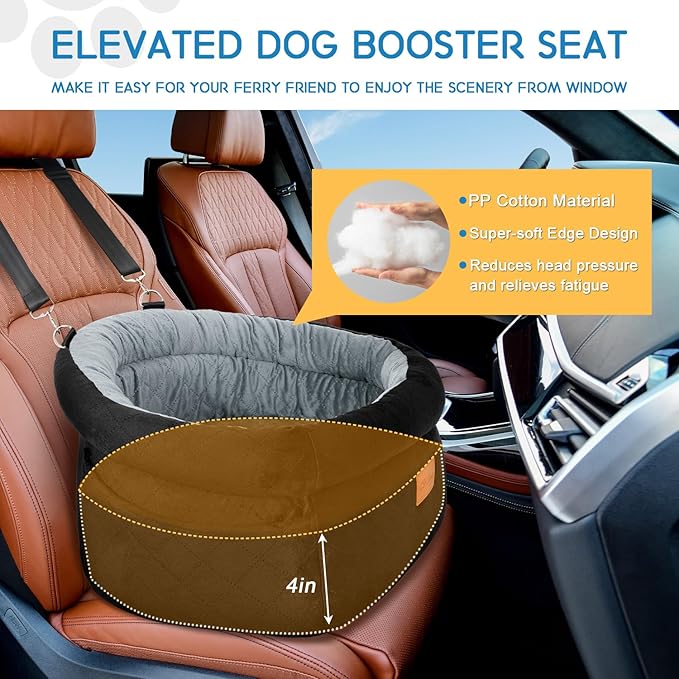 Cozy Dog Car Seat for Small Dogs Up to 30lbs, Elevated Memory Foam Booster Seat, Pet Travel Bed with Washable Removable Cover & Storage Pockets (Black)