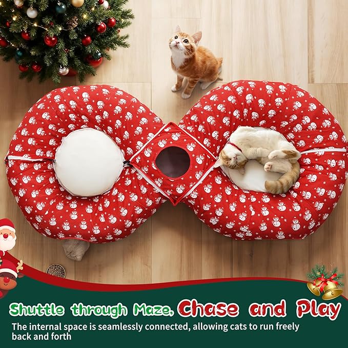 Pawaboo 2-in-1 Cat Tunnel Bed for Indoor Cats, 8-Shaped Large Cat Tunnels with Plush Cushions, Foldable Cats Cave Hideout Kitty Toys with Fluffy Balls, Donut Tunnel for Kitten Rabbit Ferret, Red