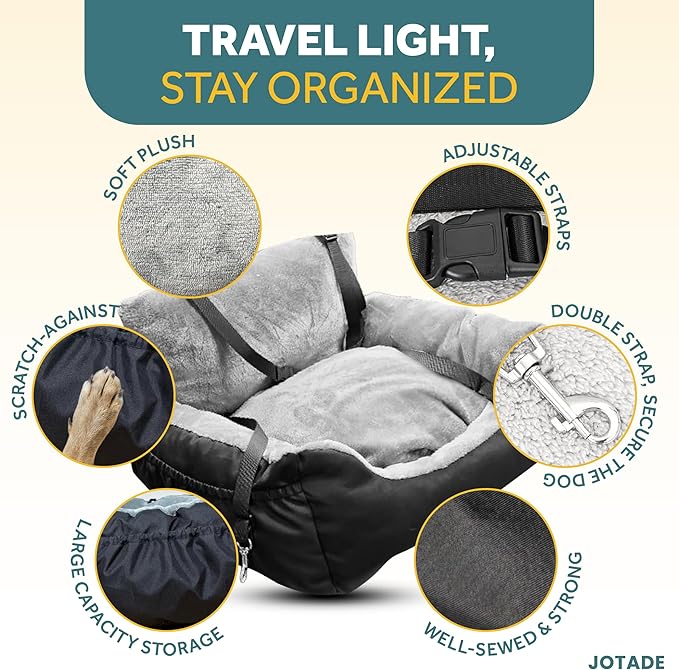 JOTADE Dog Car Seat –Washable Pet Travel Carrier for Car Safety and Comfort – Secure Double Strap Design with Removable Double Cushion Cover
