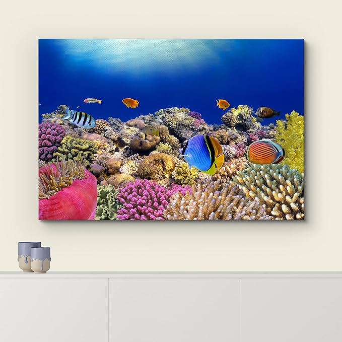 wall26 Canvas Print Wall Art Vibrant Coral Reef Anemone Fish Ecosystem Nature Animals Photography Realism Rustic Scenic Landscape Wilderness Earth Colorful for Living Room, Bedroom, Office - 16"x24"