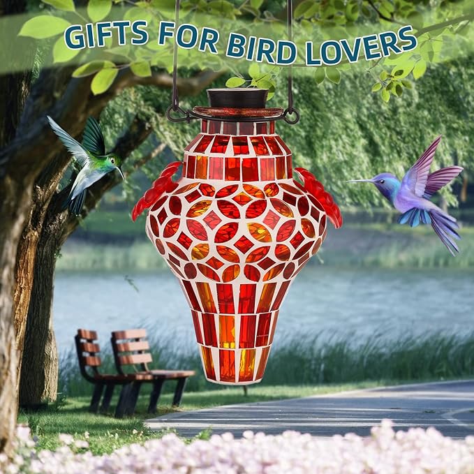 VOREEN Mosaic Glass Hummingbird Feeders for Outdoors Hanging, Hand Blown Hummingbird Feeders, Porch Garden Backyard Decor, Decorative Gift for Mom Wife Friend, 2pcs, Blue and Red